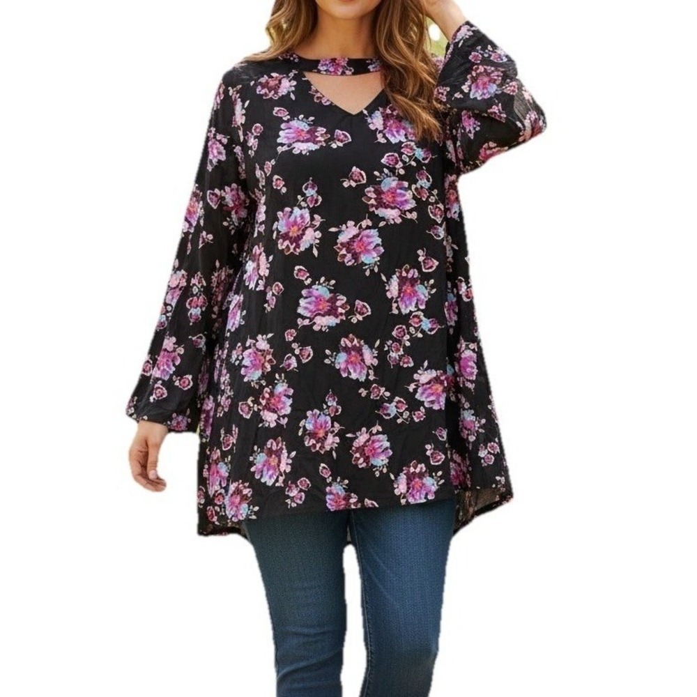 Lane Bryant Dark Floral Blouse Womens Plus 28 Fairygoth Key Hole Flutter Sleeve